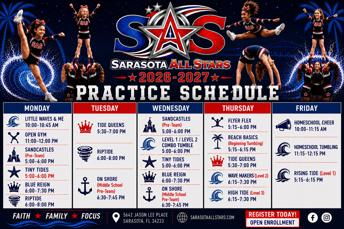 Sarasota All Stars Summer Class Schedule including Lil Stars, All Stunt, Beginning Tumble, and various cheer classes arranged Monday through Friday