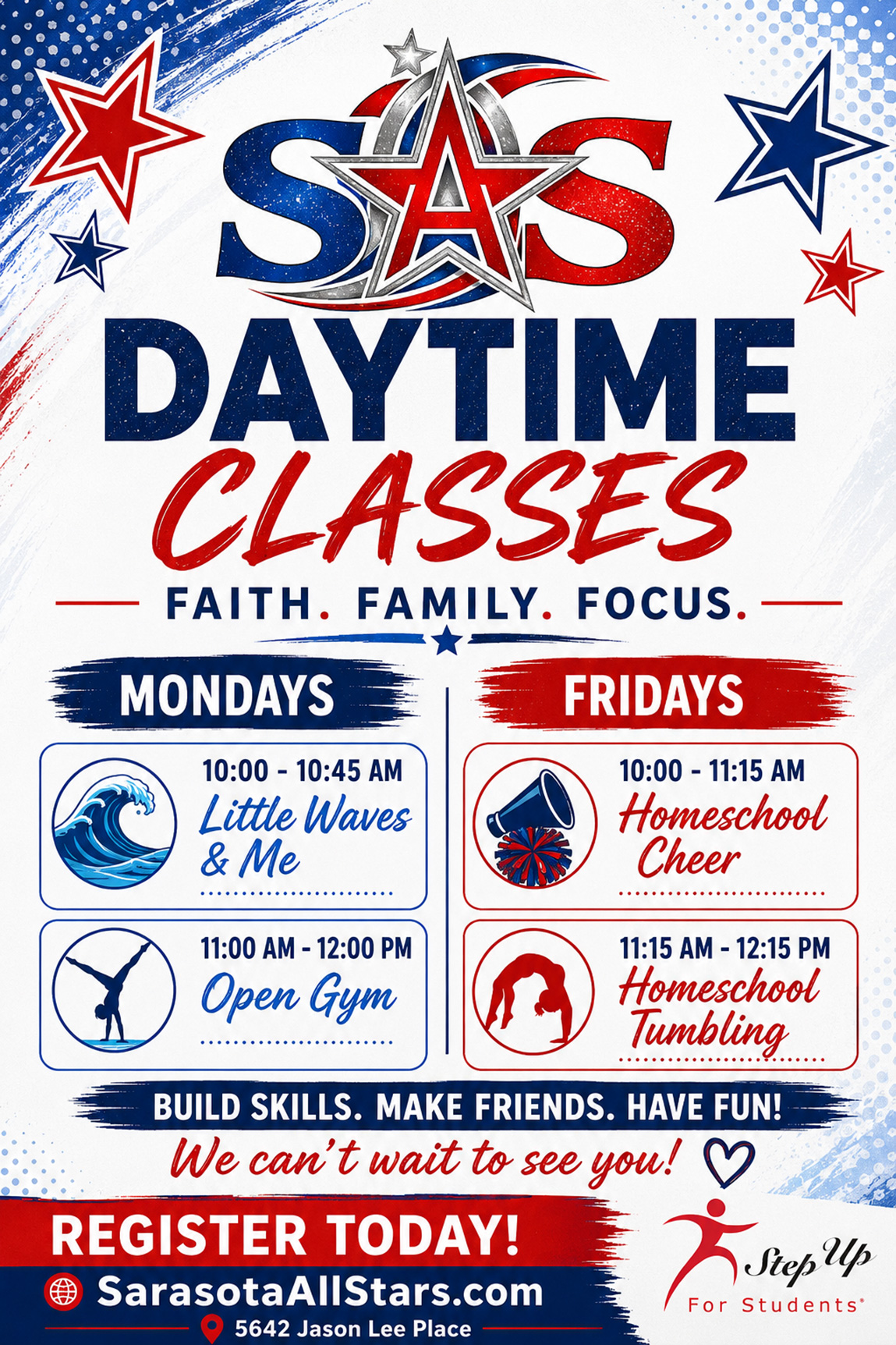 Sarasota All Stars Daytime Class Schedule including Lil Stars, All Stunt, Beginning Tumble, and various cheer classes arranged Monday through Friday