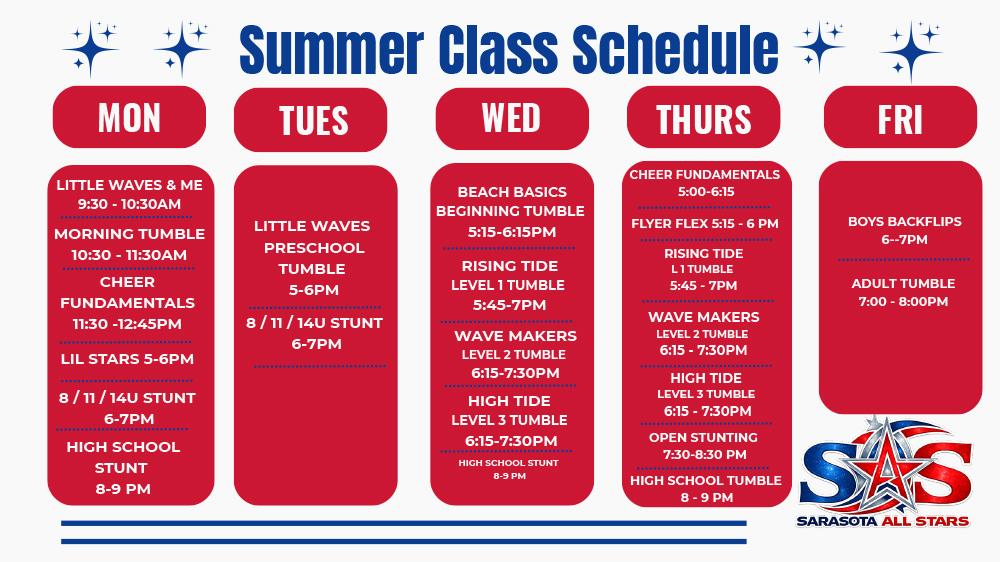 Sarasota All Stars Summer Class Schedule including Lil Stars, All Stunt, Beginning Tumble, and various cheer classes arranged Monday through Friday